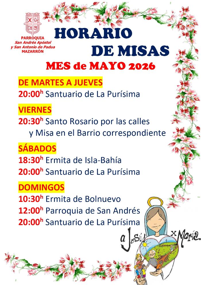 HORARIO DE MISAS DE MAYO 2026 (MAZARRÓN)